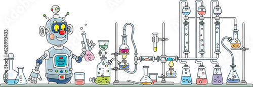 Funny robot during an experiment with reagents and equipment at a chemistry lesson in a school class, vector cartoon illustration isolated on a white background