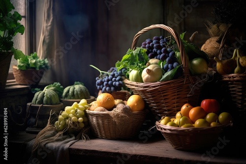 fresh organic vegetables and fruits in a nostalgic moody atmosphere