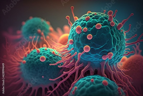 Closeup view of malignant cancer cells under microscope, causing immune disease. Chemotherapy reaction. Medical background. Generative AI