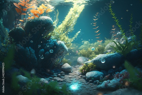 Discovering the mysteries of a magical forest in high-detail with Unreal Engine 5 & wide-angle bokeh in an underwater paradise. Generative AI