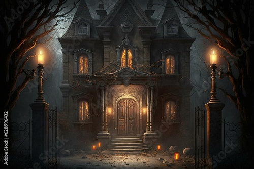 Spooky mansion with creaky doors and flickering candles. Generative AI