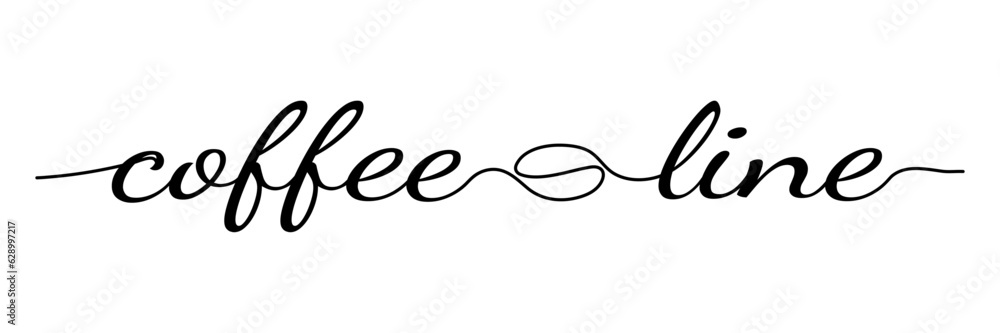 Coffee with line lettering and beans in vector typography. Continuous lowercase cursive coffee text. Vector illustration of an inscription for a poster, postcard, banner for a cafe. Hand drawn motivat Coffee with line lettering and beans in vector typography. Continuous lowercase cursive coffee text. Vector illustration of an inscription for a poster, postcard, banner for a cafe. Hand drawn motivat