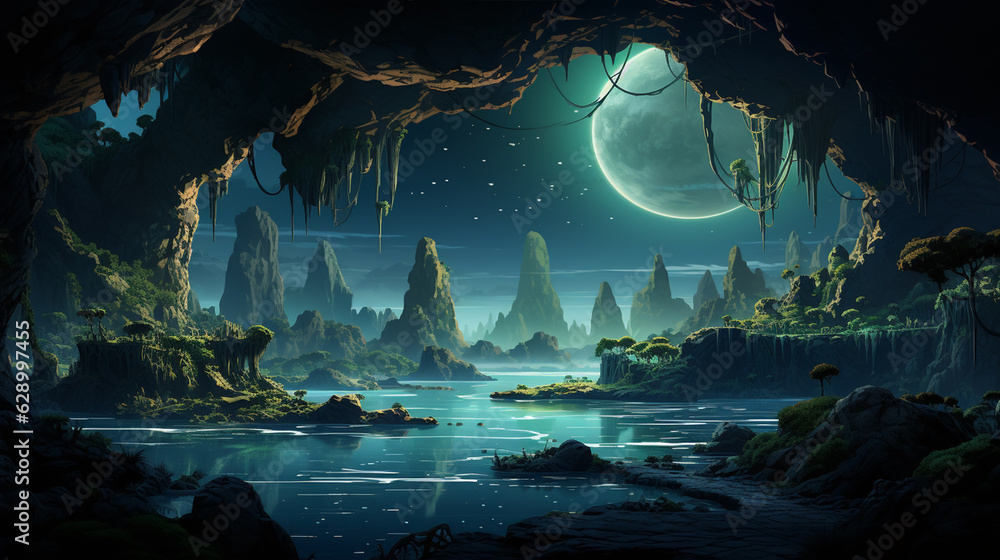 Mysterious ocean cave illuminated by moonlight, picturesque coastal landscape, generative ai