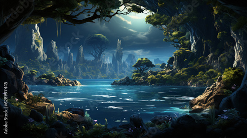 Serene landscape, beach, forest, mountains, ocean. Captivating nature, tranquil water, peaceful ambiance, generative ai