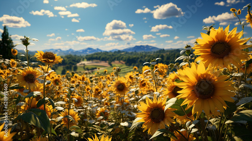 Vibrant sunflowers bloom in a picturesque field under blue skies, generative ai