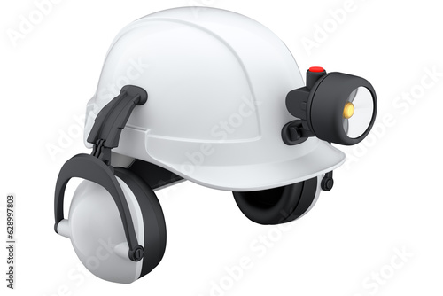 White safety helmet or hard cap with flashlight and headphones on wihte