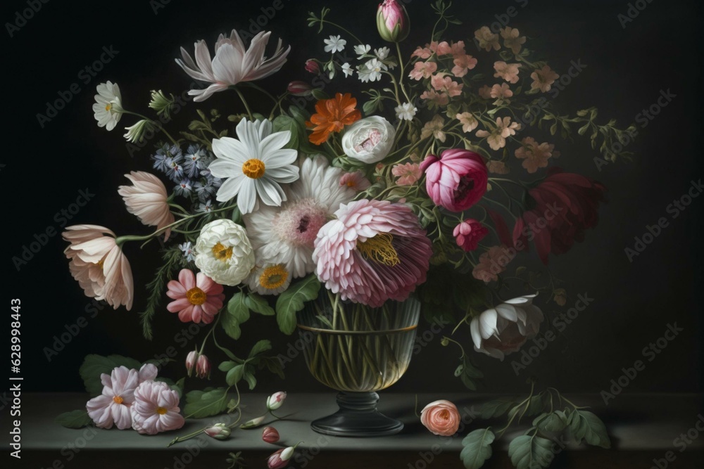 A bouquet of mixed flowers in a vase on a dark table with pink and white in the center. Generative AI