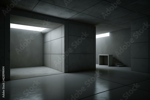 A dim concrete room with ambient lighting. Generative AI