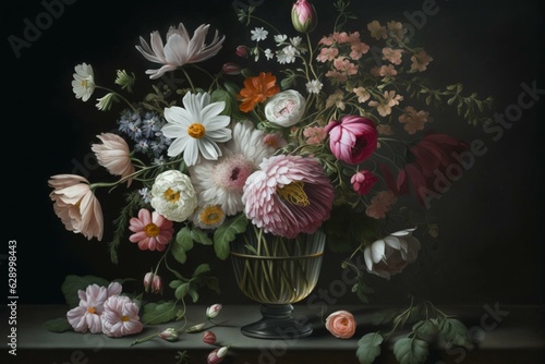 A bouquet of mixed flowers in a vase on a dark table with pink and white in the center. Generative AI © Carter