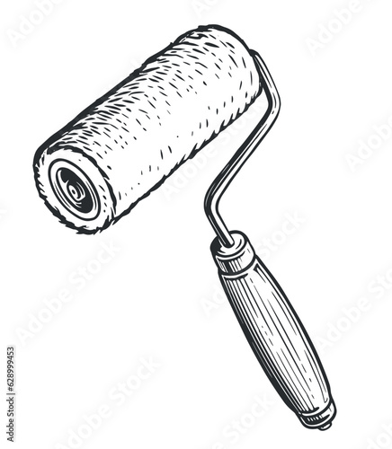 Round roller paint brush with a handle. Sketch vintage vector illustration