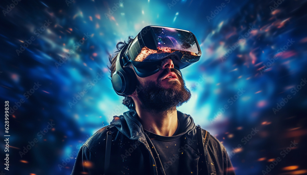 Man immersed in a virtual reality experience, his eyes hidden behind a VR headset, and surrounded by an explosion of vibrant colors, energy, and special effects. VR technology (Generated with AI) Man immersed in a virtual reality experience, his eyes hidden behind a VR headset, and surrounded by an explosion of vibrant colors, energy, and special effects. VR technology (Generated with AI)