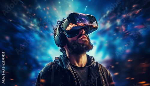 Man immersed in a virtual reality experience, his eyes hidden behind a VR headset, and surrounded by an explosion of vibrant colors, energy, and special effects. VR technology (Generated with AI)