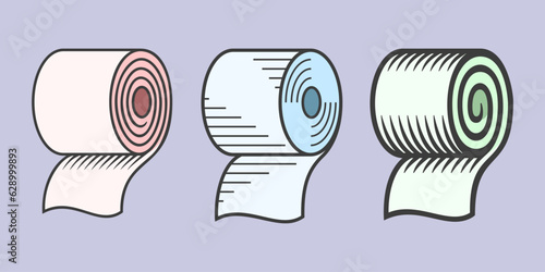 Toilet paper roll hanging on wall holder. Hygiene sanitary tissue roller set for restroom and WC.