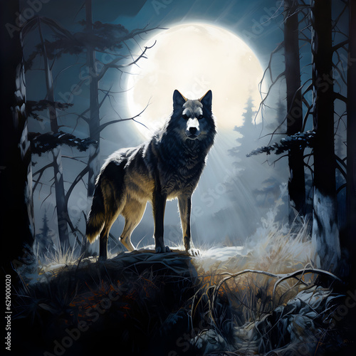 Wolf under the moon, wild and free, king of forest - Vector illustration. 