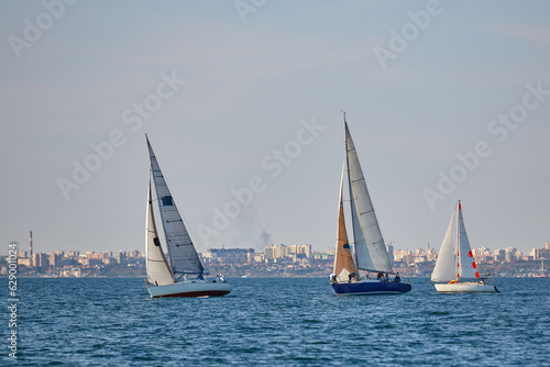Sailing yacht regatta. Many sailing yachts in a row. sailing yachts under gennaker, speaker, genoa © Alexey Lesik
