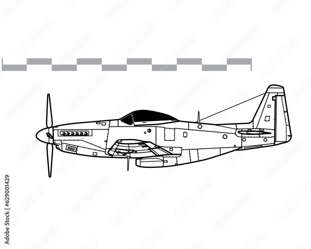 North American P-51H Mustang. Vector drawing of WW2 fighter aicraft. Side view. Image for illustration and infographics.