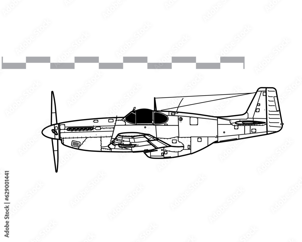 North American P-51B-15 Mustang. Vector drawing of WW2 fighter aicraft. Side view. Image for illustration and infographics. North American P-51B-15 Mustang. Vector drawing of WW2 fighter aicraft. Side view. Image for illustration and infographics.