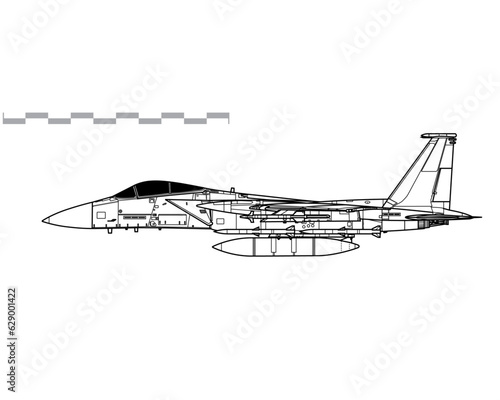 McDonnell Douglas F-15C Eagle. Vector drawing of air superiority fighter aicraft. Side view. Image for illustration and infographics.