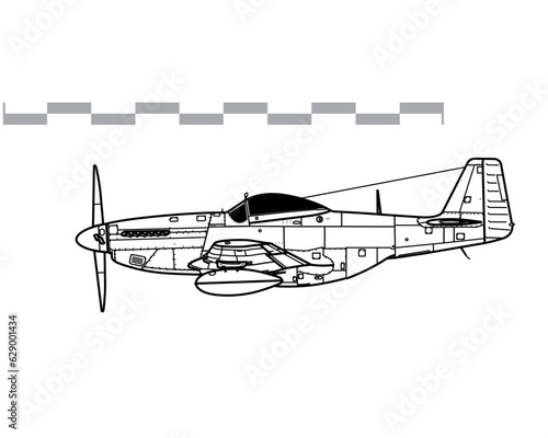 North American P-51D-5 Mustang. Vector drawing of WW2 fighter aicraft. Side view. Image for illustration and infographics. photo