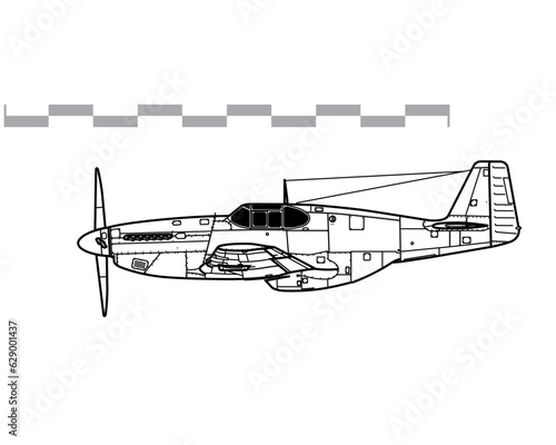 North American P-51B-10 Mustang. Vector drawing of WW2 fighter aicraft. Side view. Image for illustration and infographics. photo