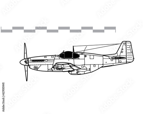 North American P-51B-15 Mustang. Vector drawing of WW2 fighter aicraft. Side view. Image for illustration and infographics.