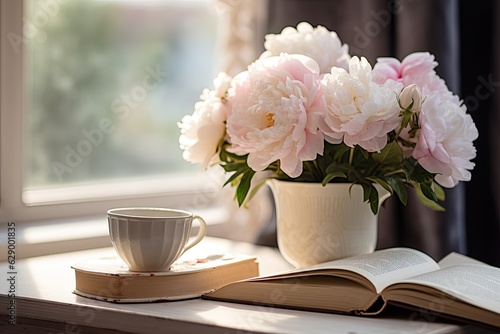 The living room of a cozy home is decorated with still life elements. An open book, a pair of glasses, a cup of coffee, and a beautiful bouquet of white and pink peonies adorns the space. These