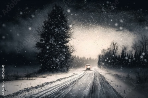 Wintry icy road with heavy snowfall. Generative AI