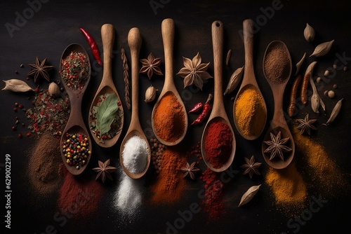 assorted spices on dark background. Generative AI