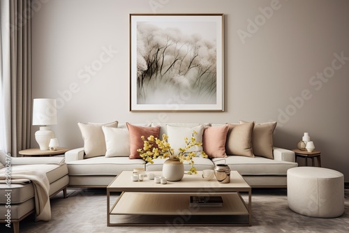 The living room has a chic interior design featuring a contemporary and neutral colored sofa  furniture  frames for mock up posters  a vase with dried flowers  coffee tables  various decorations  and
