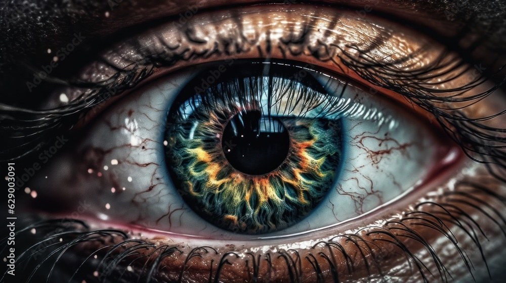 Close Up View of Beautiful Green Female Eye Abstract Art. Realistic Woman Eye. Iris. Eyeball. 