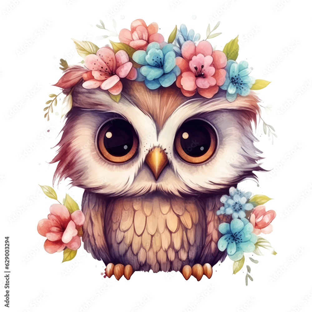 Cute owl with a flower crown on its head. Owl Transparent background. Generative AI