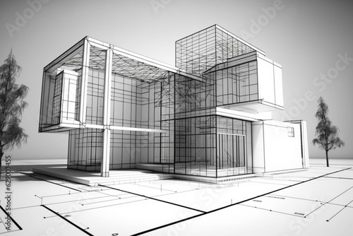 Building's wireframe in a 3D render perspective. Generative AI