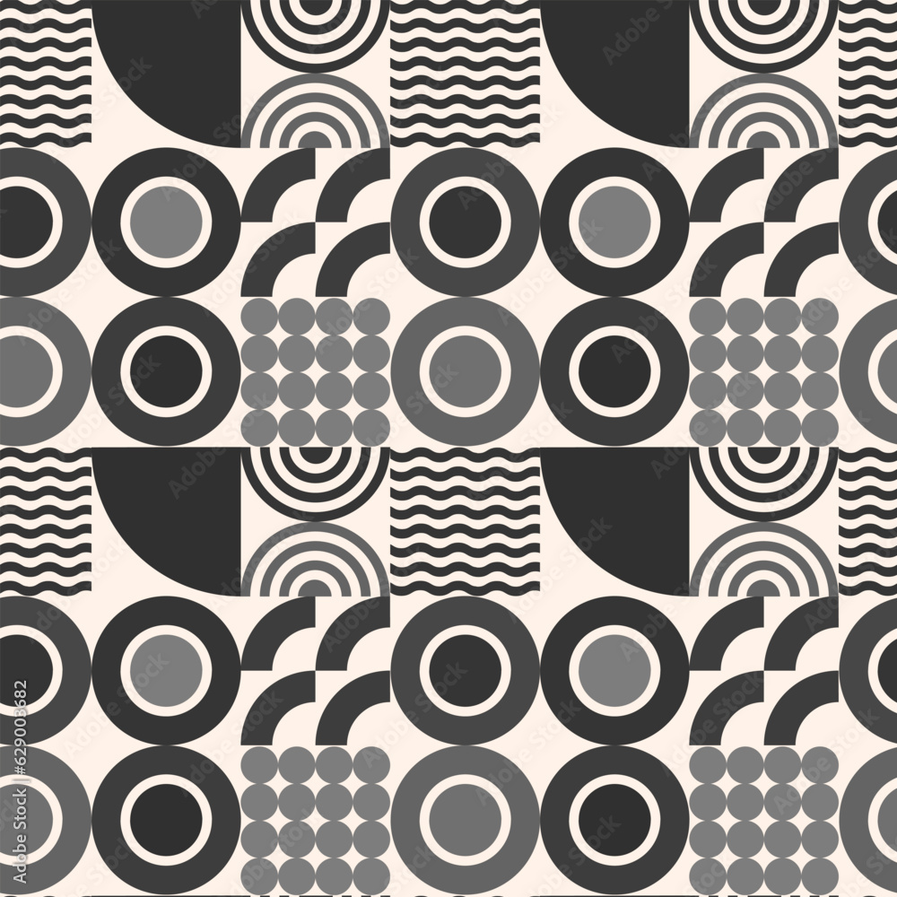 Fototapeta premium Endless brutalist background of gray and black geometric shapes on milky white background. Black and white Bauhaus-style repeat pattern in vector.