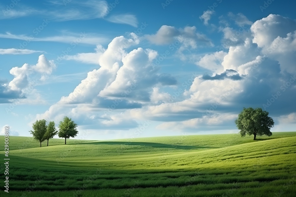 Tranquil panoramic view of light blue sky with trees and lush green grass, Generative AI