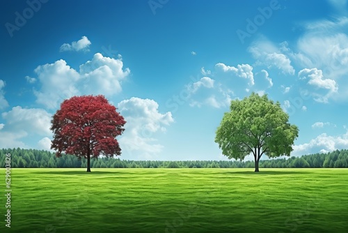 Tranquil panoramic view of light blue sky with trees and lush green grass  Generative AI