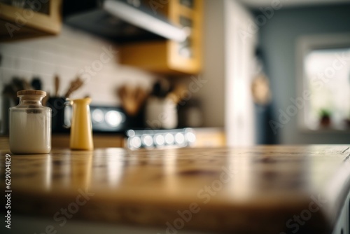 Blurred kitchen counter with wooden tabletop. Generative AI