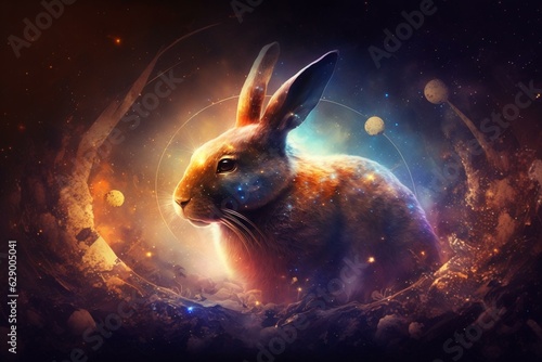 Spiritual, fantasy wallpaper featuring legendary rabbit Easter in the universe for magical awakening concept. Generative AI