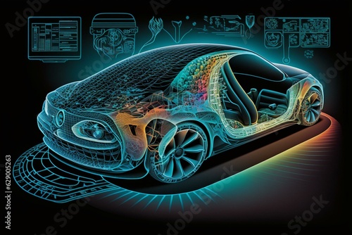 Illustration of advanced car tech with display of features. Generative AI