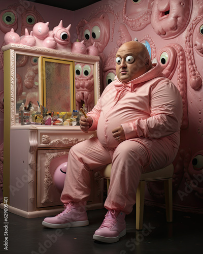 An Overweight Person in a Pink Character Costume Sitting Down-Pink Surrealism