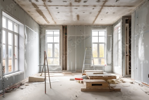 The procedure involved in fitting metal frames for plasterboard, commonly known as drywall, to construct and enhance gypsum walls in an apartment undergoing various construction activities such as