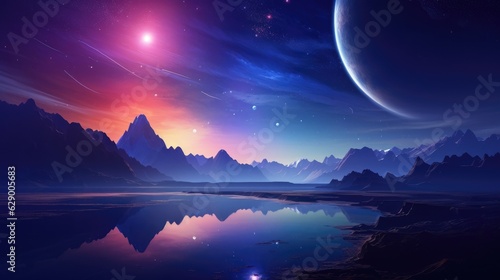 Alien Planet - Fantasy space Landscape. Surreal Cosmic background. Digital art. AI illustration..