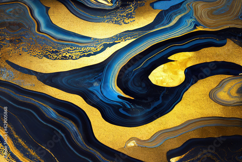 Blue and golden acrylic liquid ink swirl abstract background with ravishing turbulence wavy pattern and detailed texture. Luxury fluid liquid art by Generative AI.