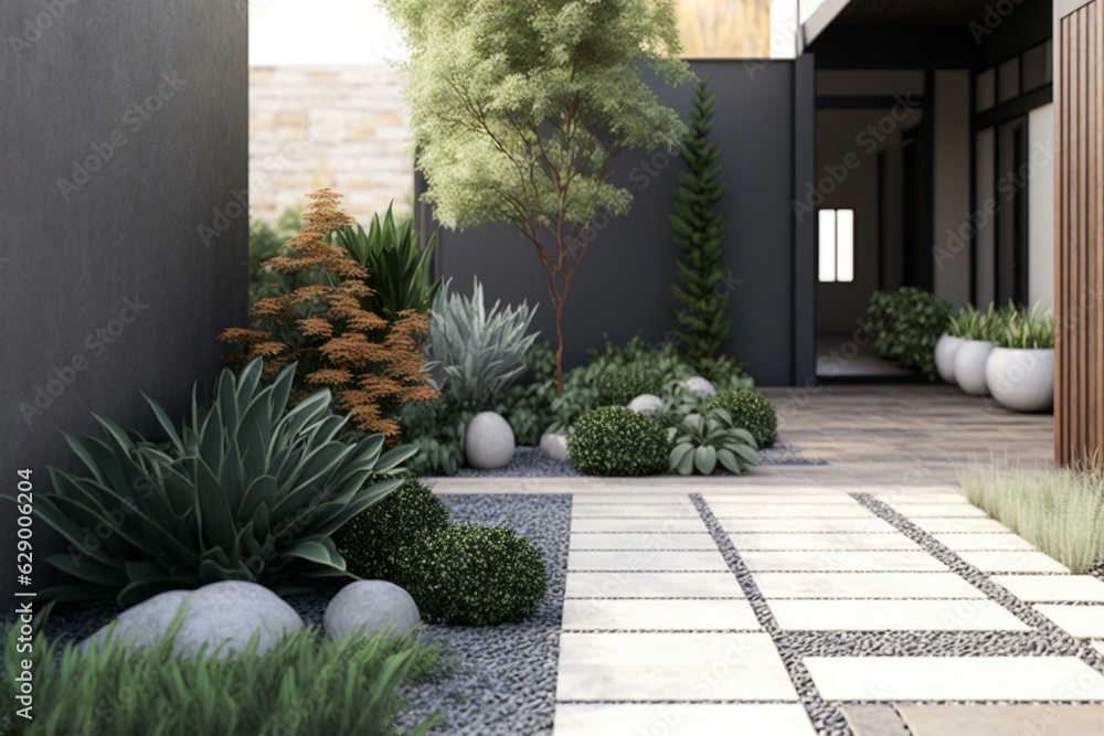 3D visualization of a contemporary patio landscape design. Urban area improvement through landscape architecture. Assorted plants. Generative AI