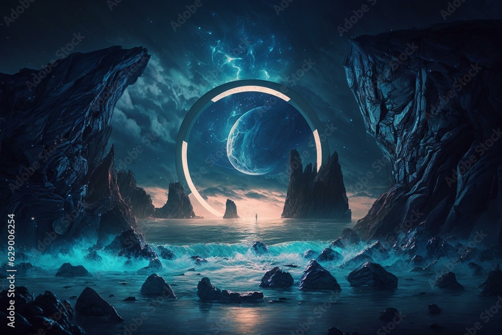 Nighttime seascape with fantasy futuristic elements and glowing portals. Generative AI