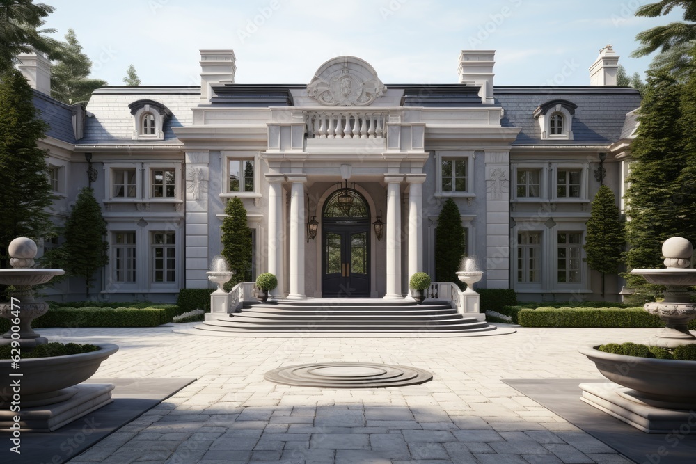 The main entrance and front door of an opulent villa designed in the style of a grand farmhouse in North America. - obrazy, fototapety, plakaty 