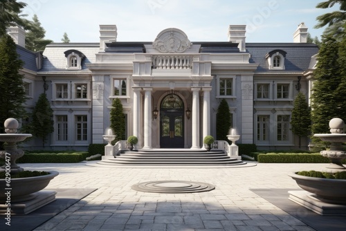 The main entrance and front door of an opulent villa designed in the style of a grand farmhouse in North America.