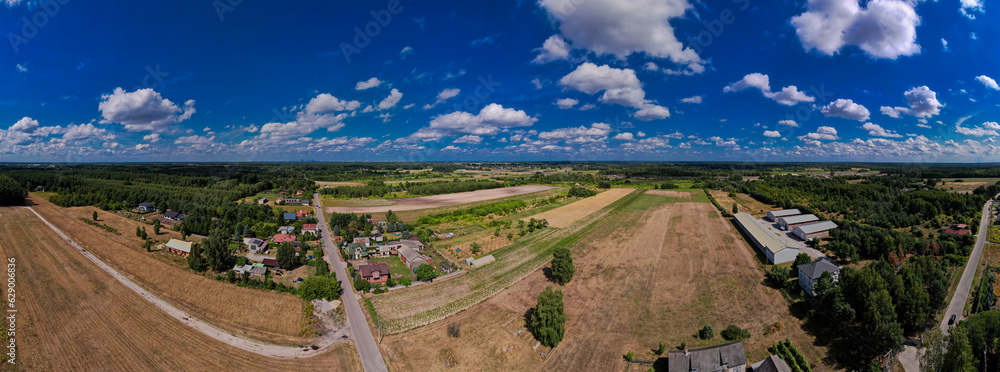 Field, sky, clouds, forest, village, summer time, drone, bird view