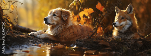 Abandon dog, golden retriever befriended by with fox, forest in Autumn.  photo