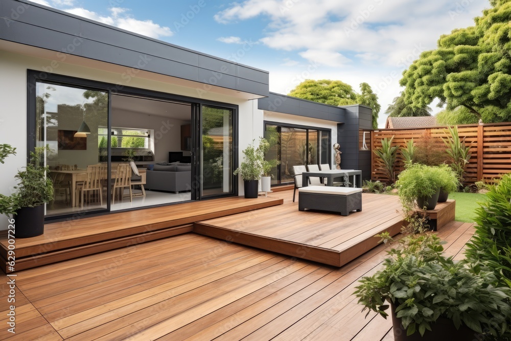 The renovation of a modern home extension in Melbourne includes the addition of a deck, patio, and courtyard area. - obrazy, fototapety, plakaty 