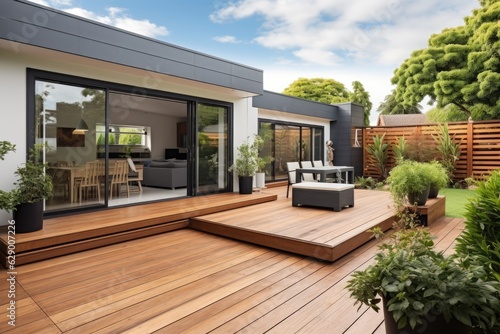 The renovation of a modern home extension in Melbourne includes the addition of a deck, patio, and courtyard area Fototapet